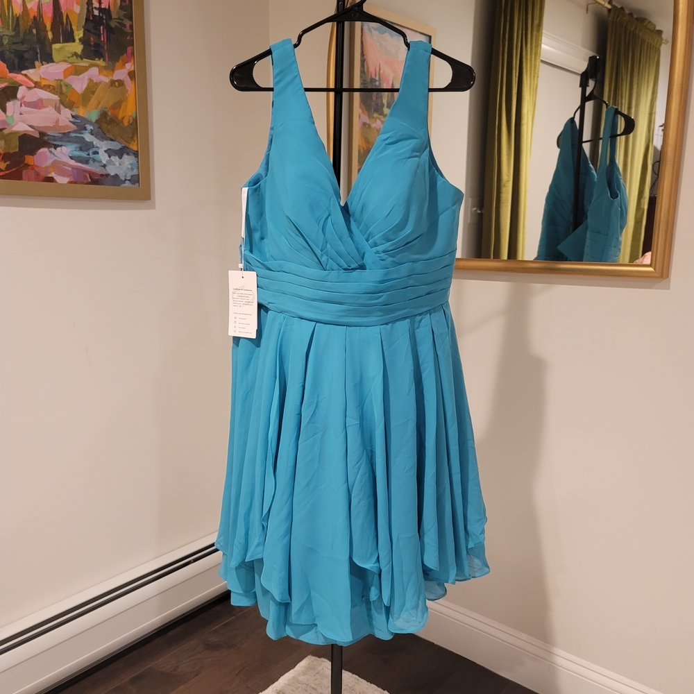 NWT MU XIANG CHEN Teal Chiffon Corseted Fit and Flare Short Dress Size 18 - Picture 2 of 16
